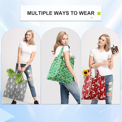 BeeGreen Christmas Reusable Gift Bags,6 Pack Large Holiday Tote Foldable Cloth Bag for Women, Cute Grocery Storage for Xmas Gifts Market Shopping, Washable Collapsible Reusable Bags with Handles