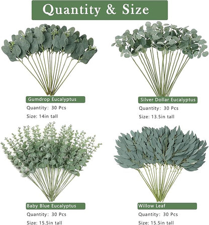 120 Pcs 4 Kinds Mixed Artificial Eucalyptus Leaves Stems Bulk Fake Silver Dollar Eucalyptus Bundle Faux Plants Greenery for DIY Bouquets Floral Arrangement Wedding Engagement Party Decor (Green)