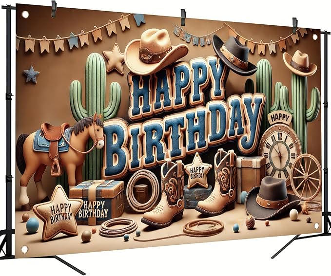 Western Cowboy Happy Birthday Banner Backdrop Rustic Wild West House Barn Photo Banner Party Decorations Boots Hat Cactus Horse Rope Photo Background Props 71 x 43 inch