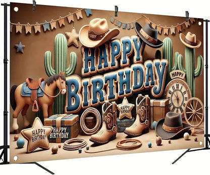 Western Cowboy Happy Birthday Banner Backdrop Rustic Wild West House Barn Photo Banner Party Decorations Boots Hat Cactus Horse Rope Photo Background Props 71 x 43 inch