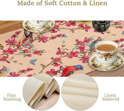 Floral Butterfly Table Runner Seasonal Spring Flower Bird Table Decoration Table Runner for Home Party Decoration 13x108 Inch
