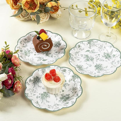 24Pcs Sage Green Floral Party Plates Vintage Floral Leaf Disposable Paper Plates Wildflower Toile 7" Scalloped Rim Dessert Plate for Christmas Birthday Bridal Tea Party Supplies