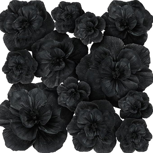 Giant Paper Flowers Artificial Large Paper Flower Decoration for Handcrafted Wall Backdrop Christmas Mexican Wedding Graduation Bridal Shower Birthday Party Supplies(Black,12 Pcs)