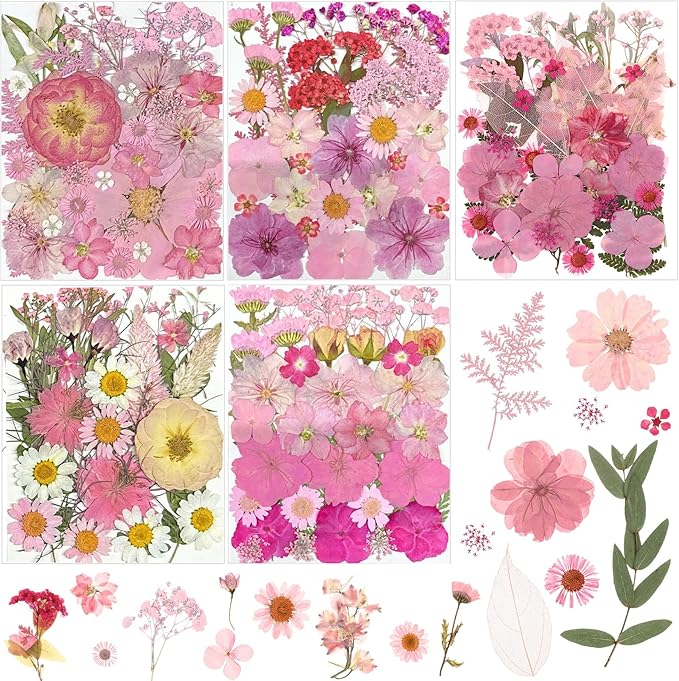 Nuanchu 167 Pcs Real Dried Pressed Flowers Natural Dried Flowers Colorful Daisy Mixed Wildflowers Leave for DIY Candle Resin Nails Jewelry Pendant Crafts Floral Art(Pink,Candy Style)