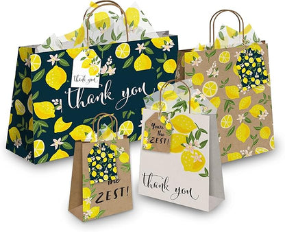 Pro Supply Global 24 Count of 2.5 Inch x 3 Inch Pre Strung Lemons Gift Tag Assorted Printed Designs on Large Cardstock Gift Hang Tags - Ideal to Use on Bags