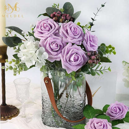 Meldel Artificial Flowers 25pcs Real Looking Dusty Violet Pale Lavender Foam Fake Roses with Stems for DIY Wedding Bouquets Bridal Shower Centerpieces Floral Arrangements Home Decorations Bulk Rose