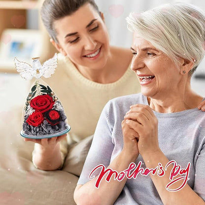 FIACO Gifts for Women Preserved Rose Forever Flower in Glass Angel Figurine Fresh Flowers for Delivery Mothers Day Birthday Gifts for Mom Grandma Wife Sister Red