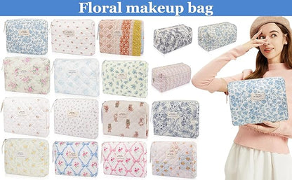 Floral Makeup Bag, Cute Cosmetic Bag for Women Girls, Quilted Cotton Make up Pouch, Travel Makeup Bags, Portable Storage Toiletry Organizer Bag(Navy Blue)