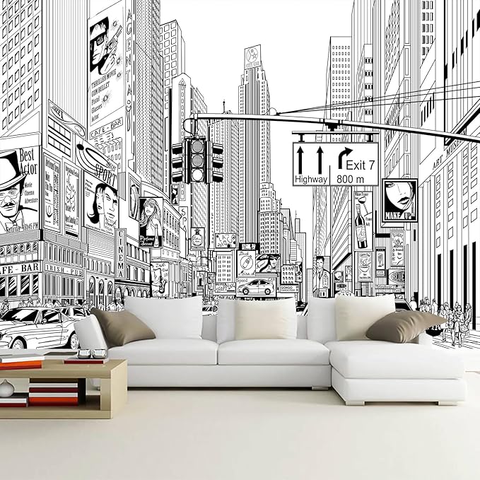 WFBHUA-Black and White City Wallpaper Peel and Stick New York Landscape Self Adhesive Wall Mural for Living Room Bathroom Bedroom 157“x108