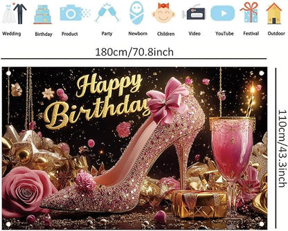 Luxury High Heel Birthday Backdrop Banner Pink Glitter Shoe Photography Background Rose Gold Decor for Women Girls Party Decorations Fashion Booth Studio Props 71 x 43 Inch