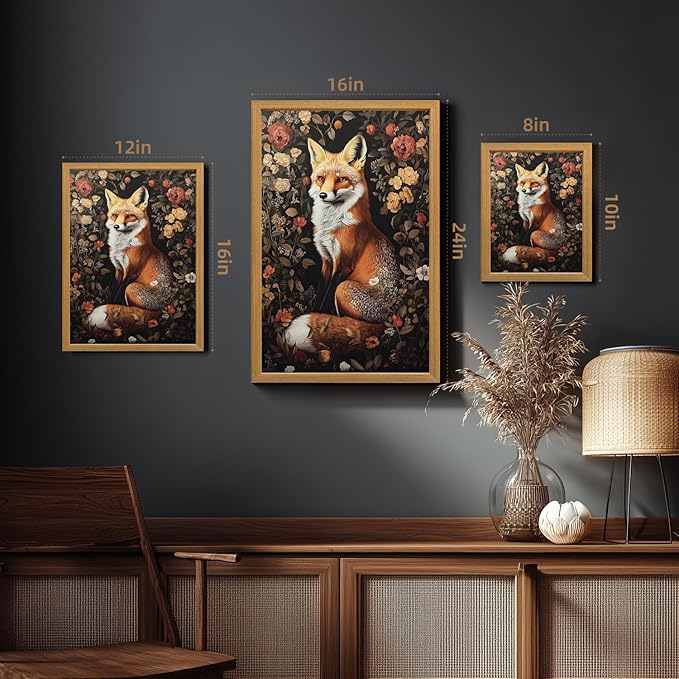 LLEEMPI William Morris Wall Art, Vintage Botanical Floral Wall Decor, Fox Flower Canvas Painting, Abstract Nature Botanical Aesthetic Picture for Living Room Bedroom Hallway Wood Framed 16x24 inch