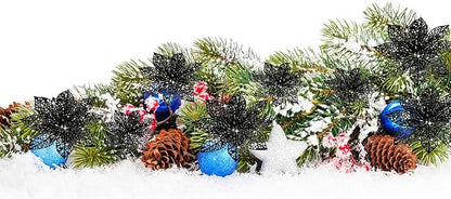 Boao Black 24 Pieces Poinsettia Flower Christmas Glitter Artificial Poinsettia with Clips Christmas Tree Ornament Decorations for DIY Xmas Wreath Holiday Home Party Decor, 3/4/6 Inches