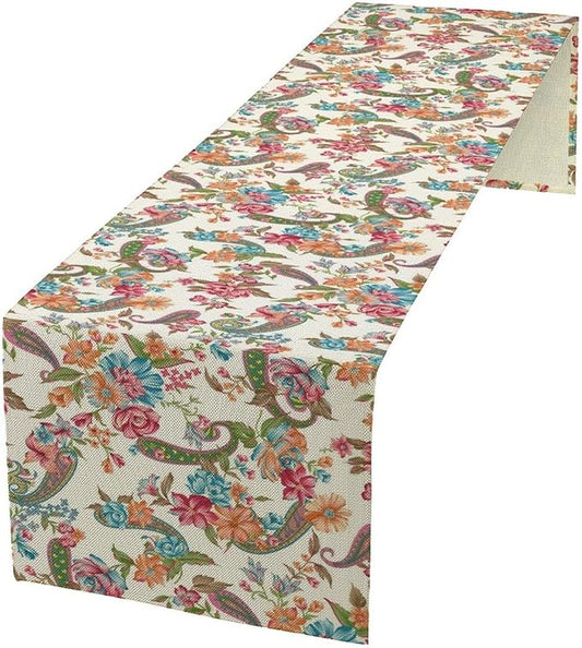 Boho Floral Table Runner, Colorful Bohemian Paisley Flower Design Table Runner for Kitchen Dining Home Party Decor, 13x120 Inch