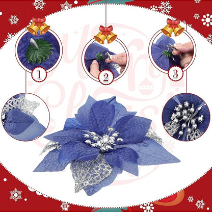 Boao 24 Pieces Christmas Artificial Glitter Poinsettia Flowers Xmas Flowers Wedding Christmas Tree New Year Ornaments(Navy Blue)