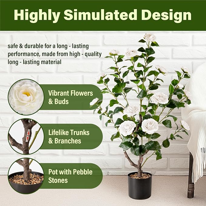 Artificial Camellia Tree,2Pack 3.2FT Faux White Camellia Plants in Pots,Lifelike Artificial Flower Trees for Indoor Outdoor Home Decor,Realistic Blooming Faux Plants for Living Room Porch Patio Office