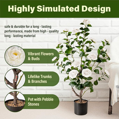 Artificial Camellia Tree,2Pack 3.2FT Faux White Camellia Plants in Pots,Lifelike Artificial Flower Trees for Indoor Outdoor Home Decor,Realistic Blooming Faux Plants for Living Room Porch Patio Office