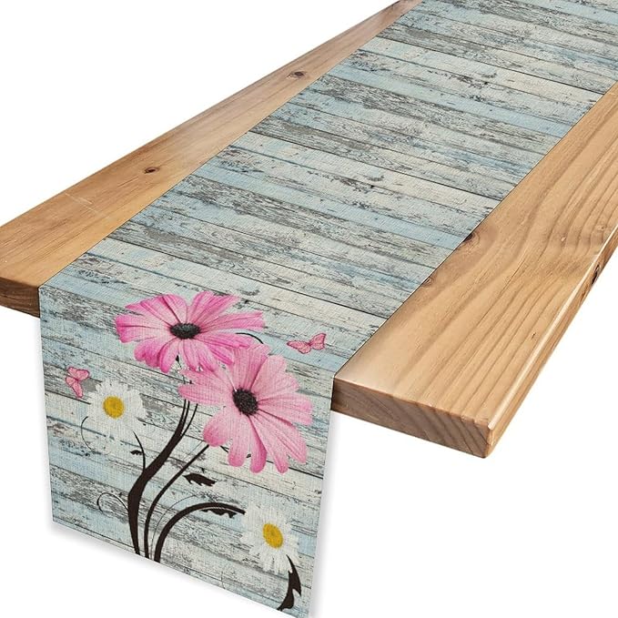 Farmhouse Table Runner, Abstract Daisy Flower Rustic Old Wood Farmhouse Print Table Runner for Home Indoor Outdoor Party Wedding Decor 13x90 inch