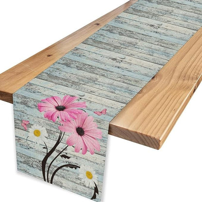 Farmhouse Table Runner, Abstract Daisy Flower Rustic Old Wood Farmhouse Print Table Runner for Home Indoor Outdoor Party Wedding Decor 13x36 inch