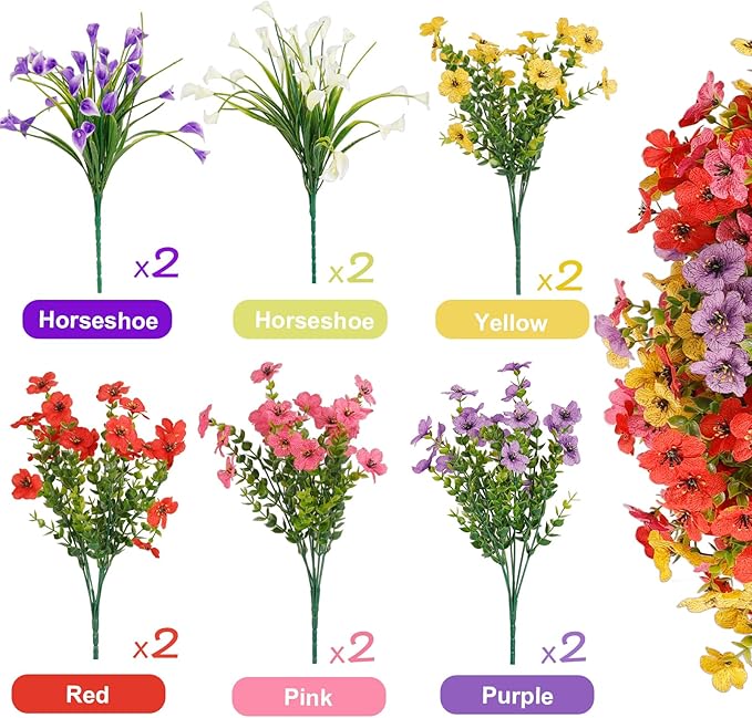 12 Bundles Artificial Flowers for Outdoor,UV Resistan Calla Lily&Daisy Fake Flowers,Realistic Plastic Faux Plants for Spring Decor,Porch,Patio,Garden,Window Box (Mixed)