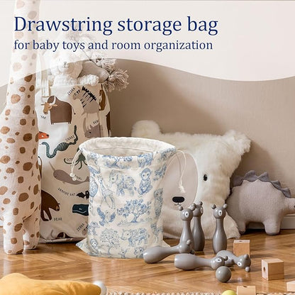 DSHFG Blue Birthday Drawstring Gift Wrap Bags, Safari Toile Chinoiserie Animals Baby Shower Drawstring Gift Bags Canvas, Blue and White Small Happy Birthday Bag, 10x13 Inch