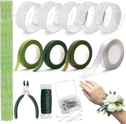 161 PCS DIY Wrist Corsage Making Kit with 5P Wrist Corsage Bracelets, Floral Wire and Cutter, Floral Tape, Pin, Ribbon for Wedding Party Boutonniere Supplies