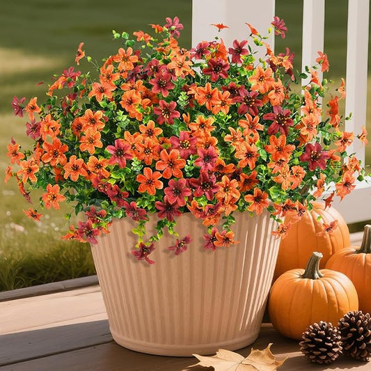 Artificial Mums Fake Fall Flowers for Outdoors Decoration, 12 Bundles Realistic Autumn Silk Daisy Faux Plants UV Resistant Decor for Home Garden Porch Patio Yard Balcony Window (Orange Brown)