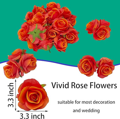 Artificial Satin Sunset Red Rose Flower Heads,42 Pcs Orange Red Silk Rose Heads with Stems,3.5'' Rose Artificial Flowers Bulk,Artificial Rose Flower Heads for DIY Crafts Bouquet (42, Sunset red)