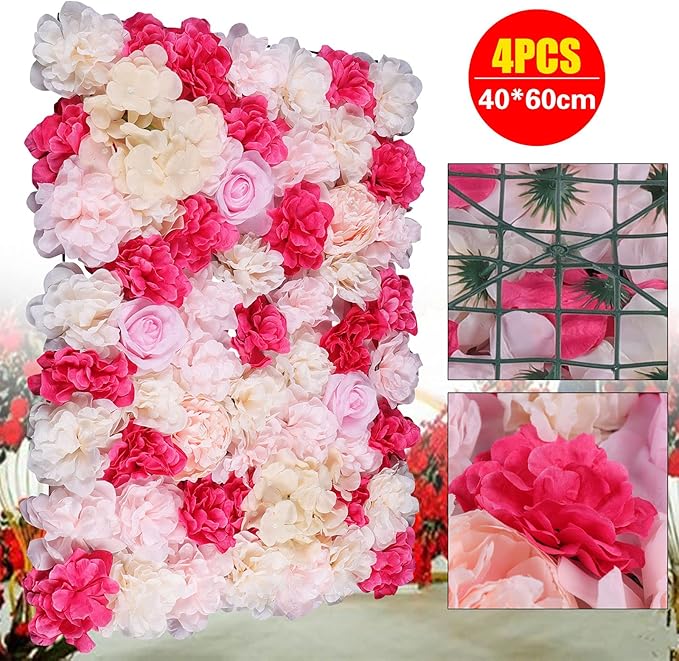 16"x 24" Artificial Flower Wall Panels,Flower Wall Mat Silk Flower Panels for Outdoor Garden Backyard Fence Fence Privacy Screen and Indoor Wall Decor (4Pcs Rose Red+ Pink+ Light Yellow)