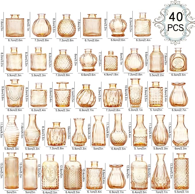 Amber Glass Bud Vases Set of 40, Mini Flower Vase for Centerpieces, Small Gold Bud Vases in Bulk for Wedding Decorations,Vintage Vase for Table, Home Décor,Party Decor, Anniversary