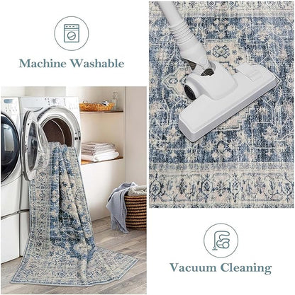 Lahome Oriental Kitchen Runner Rug Non Slip, 2x5 Washable Hallway Runner with Rubber Backing, Vintage Hallway Rug Ultra-Thin Soft Carpet for Bedroom Bathroom, Blue
