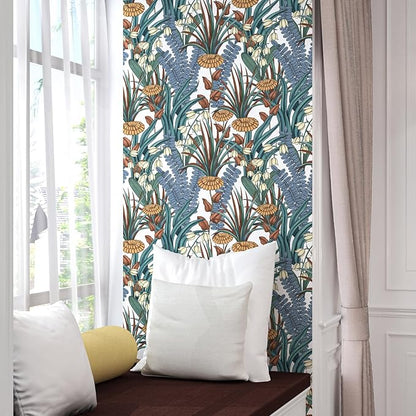 Boho Floral Peel and Stick Wallpaper, Vintage Botanical Contact Paper, Self Adhesive Wall Mural 17.5" x 393.7" Tropical Wall Paper Waterproof Removable for Bedroom Walls Cabinet (White, Orange, Blue)