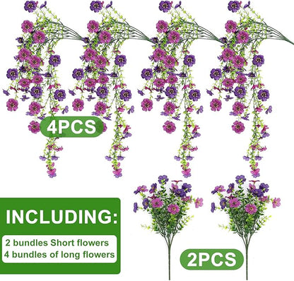 Artificial Flowers for Outdoors 6PCS，All Weather Fade Proof, UV Resistant Waterproof Realistic Faux Silk Mums Daisies Double Purple for Hanging Planters Porch Patio Balcony Deck Fence Garden Decor