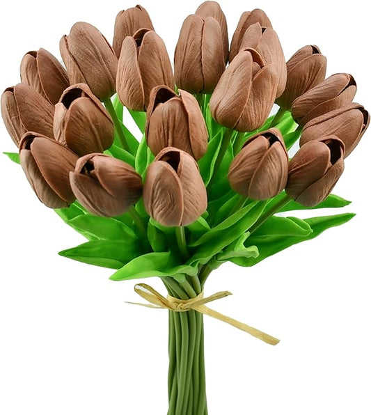 Mandy's Artificial Tulips 20 Stems Brown PU Faux Flowers for Thanksgiving and Christmas Decorations Wedding Home Decor 13.5 Inch