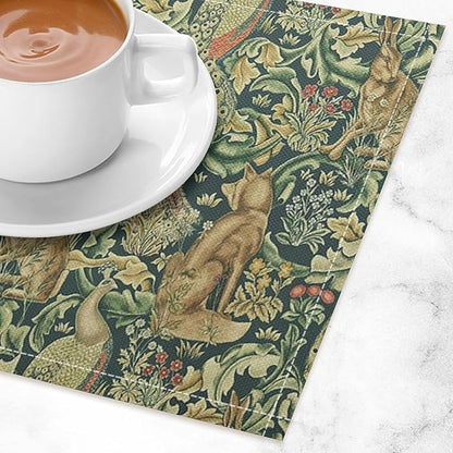 William Morris Floral Animal Placemats Set of 6, Vintage Botanical Plant Birds Rabbit Place Mats, Heat Resistant Non Slip Cotton Linen Dining Table Mats for Home Kitchen Party 18x12 Inch