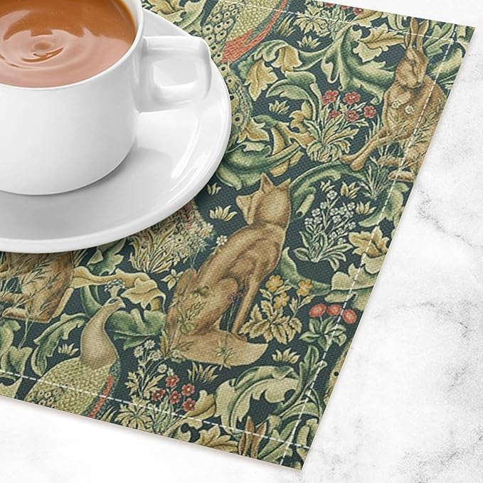 William Morris Floral Animal Placemats Set of 4, Vintage Botanical Plant Birds Rabbit Place Mats, Heat Resistant Non Slip Cotton Linen Dining Table Mats for Home Kitchen Party 18x12 Inch