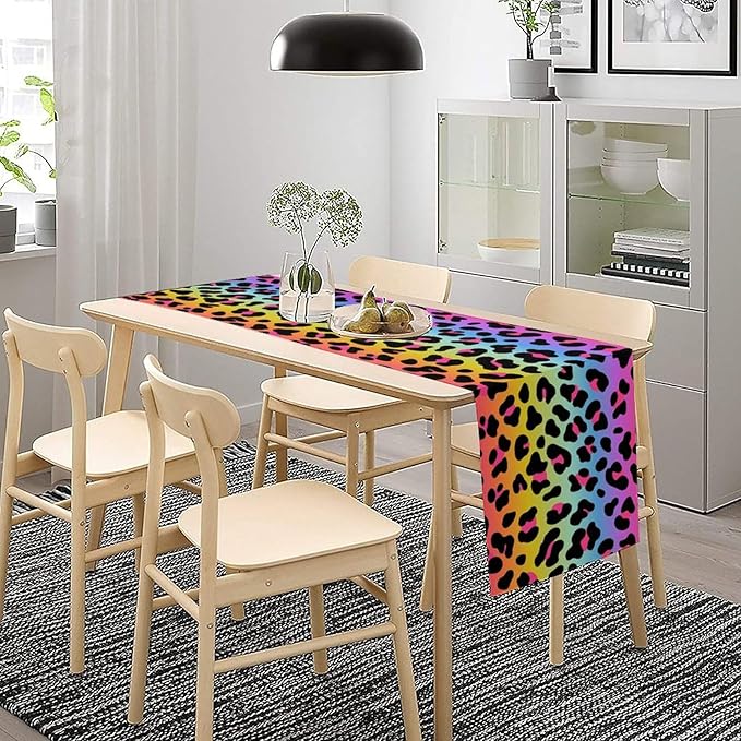 Rainbow Leopard Skin Print Table Runner, Wildlife Colorful Neon Cheetah Dots Dinner Runner Table Decoration for Farmhouse Home Kitchen Dining Table Party Holiday Decor 13x120in