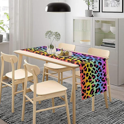 Rainbow Leopard Skin Print Table Runner, Wildlife Colorful Neon Cheetah Dots Dinner Runner Table Decoration for Farmhouse Home Kitchen Dining Table Party Holiday Decor 13x120in