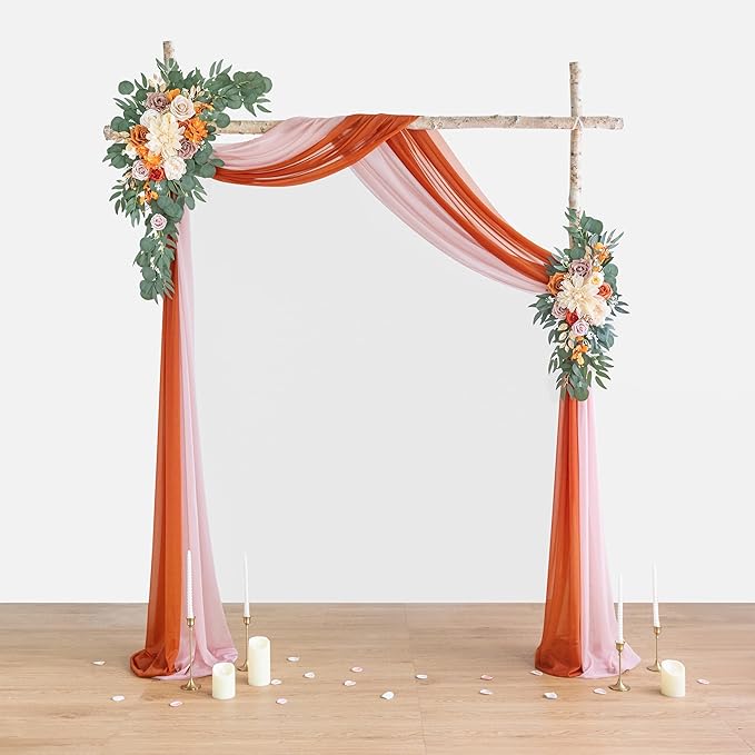 ponatia Artificial Burnt Orange Wedding Arch Flowers Kit with 2PCS Shiny Arch Chiffon Fabric, Dusty Rose Flowers for Wedding Welcome Signs Decorations and Arch Flowers for Wedding Ceremony Reception
