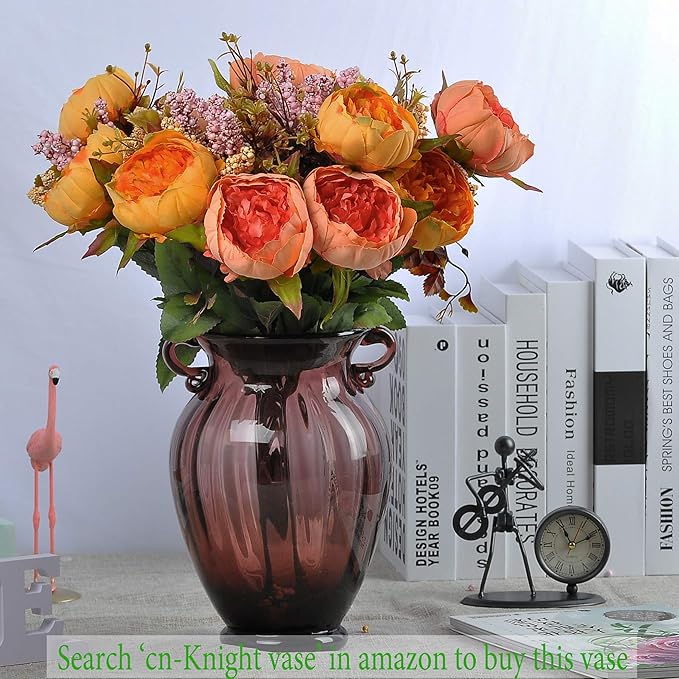 1pcs Artificial Peony Bouquet,19 Inch Silk Peony Bunch with 7 Faux Flowers,Classical Style Artificial Flowers with Leaves and Ornaments for Wedding,Home Décor Centerpieces(Orange)