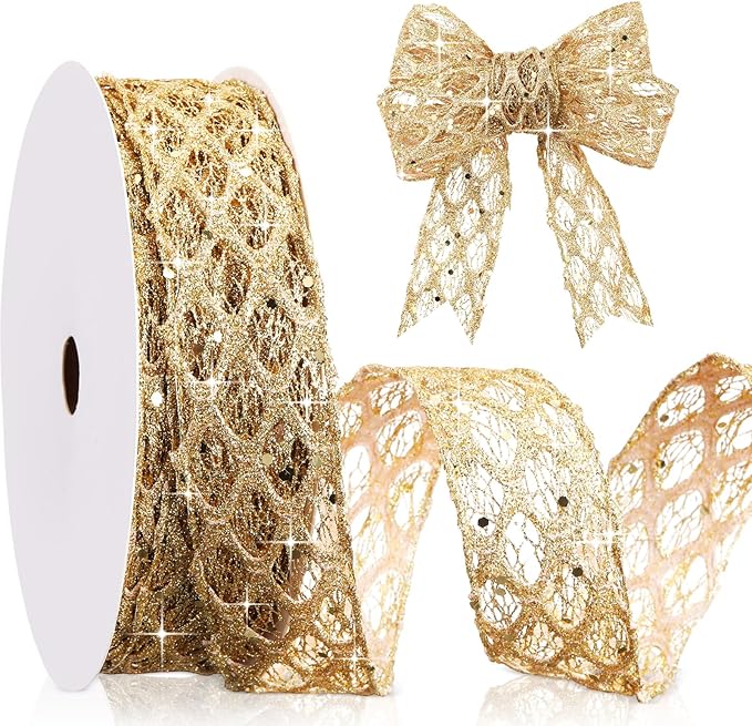 Geosar 20 Yards Gold Glitter Mesh Wired Ribbon for Christmas Tree Decorations, Gift Wrapping, DIY Craft, Xmas Wreaths, Cabinet Decor (1.5 Inch)