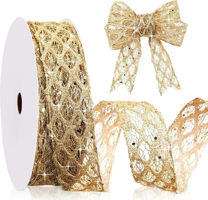 Geosar 20 Yards Gold Glitter Mesh Wired Ribbon for Christmas Tree Decorations, Gift Wrapping, DIY Craft, Xmas Wreaths, Cabinet Decor (1.5 Inch)