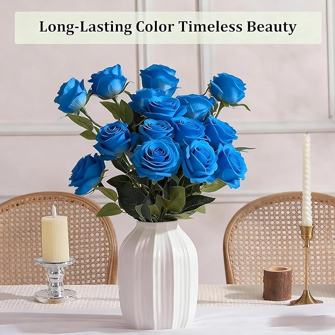 Blue Roses Artificial Flowers 15 PCS, Fake Roses Silk Flowers with Long Stems, Faux Rose for Wedding Centerpieces, Home Decor, Indoor Floral Arrangements, Party Decor, DIY Bouquet (Blue)