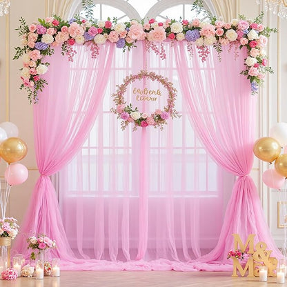 Pink Sheer Backdrop Curtains for Girls Baby Shower Gender Reveal Birthday Party 10ft × 10ft Pink Tulle Backdrop Drapes Panels for Parties Photoshoot Background Decorations 2 Panels 5ft X 10 ft