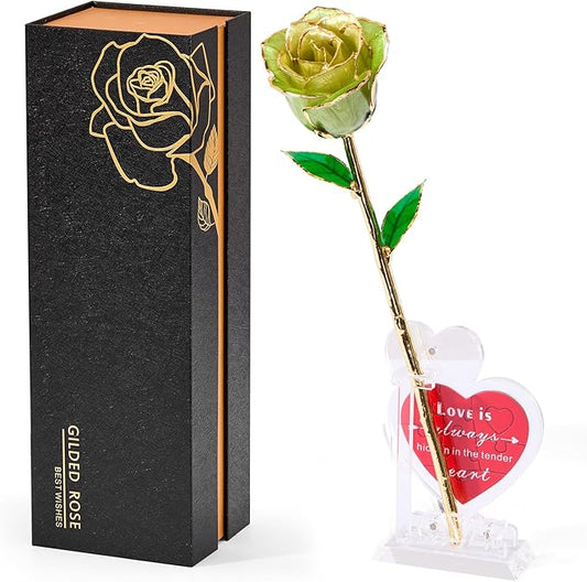 Mikasol Real 24K Gold Dipped Realistic Rose – Timeless Lifelike Bloom with Heart Puzzle Base – Romantic Gradient Green Flower Gift for Her, Wife, Girlfriend, Mom – Birthday, Anniversary, Mother’s Day