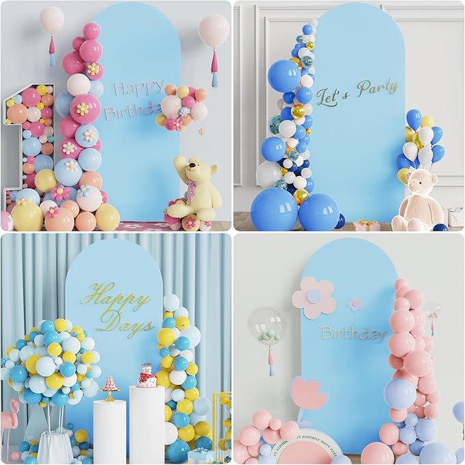 Putros 6ft Metal Arch Stand with Cover Dusty Blue Spandex Fitted Wedding Arch Cover and Round Top Chiara Backdrop Stand Set for Birthday Party Baby Shower Decoration