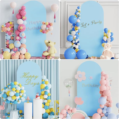 Putros 6ft Metal Arch Stand with Cover Dusty Blue Spandex Fitted Wedding Arch Cover and Round Top Chiara Backdrop Stand Set for Birthday Party Baby Shower Decoration