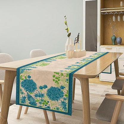 Vintage Floral Table Runner, Elegant Blue Flowers Nature Design Table Runner for Kitchen Dining Holiday Party Home Decoration, 13x120 Inch
