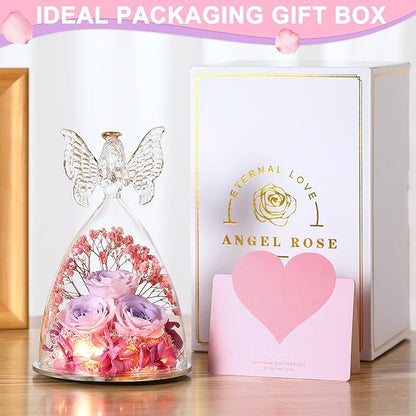 Mothers Day Mom Gifts for Women Preserved Flowers in Glass Angel Forever Flowers Gifts Eternal Roses Gifts for Grandma, PinkpurplePink