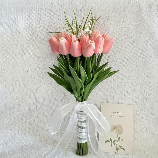 Artificial Floral Tulip Bouquet 20pcs Artificial Tulip Flowers,Bridesmaid Bouquet with Wedding Ceremony Festivals Anniversary Bridal Rehearsal Party Bar Table Decor (Pink)