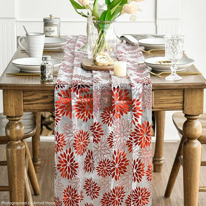 Artoid Mode 3PCS Beige Red Dahlia Flower Gauze Table Runner 120 Inch 10FT, Glitter Metallic Foil Seasonal Sheer Dining Holiday Table Decor for Home Party